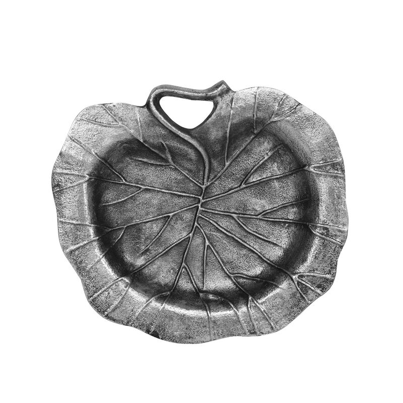 Decorative Leaf Plate, 12 Inch Textured Floral, Dark Gray Aluminium - Benzara