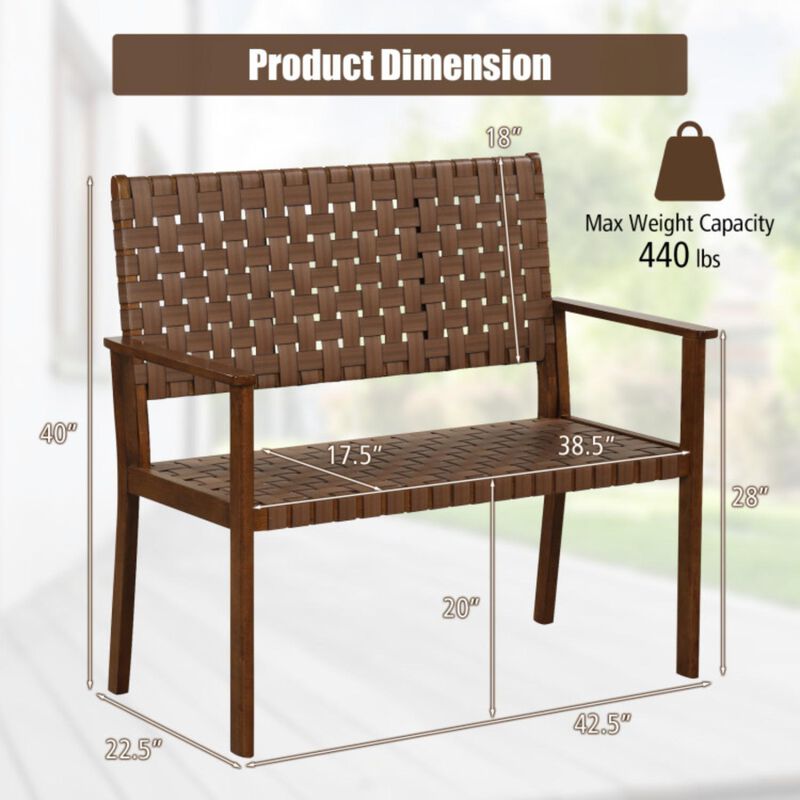 Hivvago Outdoor All Weather Bench with Solid Rubber Wood Frame and Hand Woven PU Leather-Brown