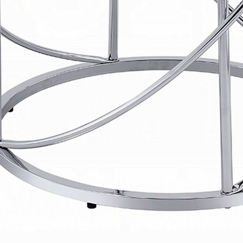 Shira Round Side End Table, 22 Inch, Open Chrome Base Blue Faux Marble - Benzara
