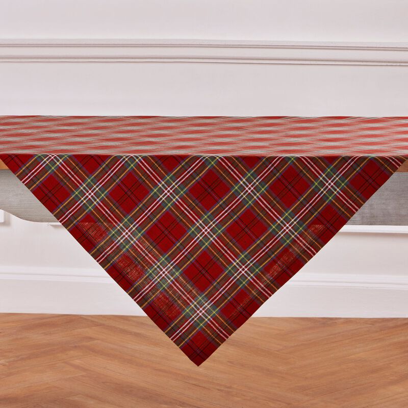 Solino Home 100% Pure Linen Red Table Throw 52 x 52 Inch | Classic Tartan Plaid