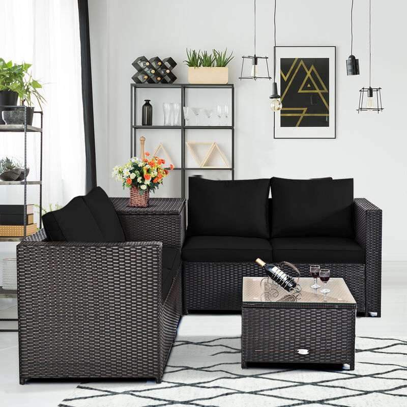 4 Pieces Outdoor Patio Rattan Furniture Set with Cushioned Loveseat and Storage Box