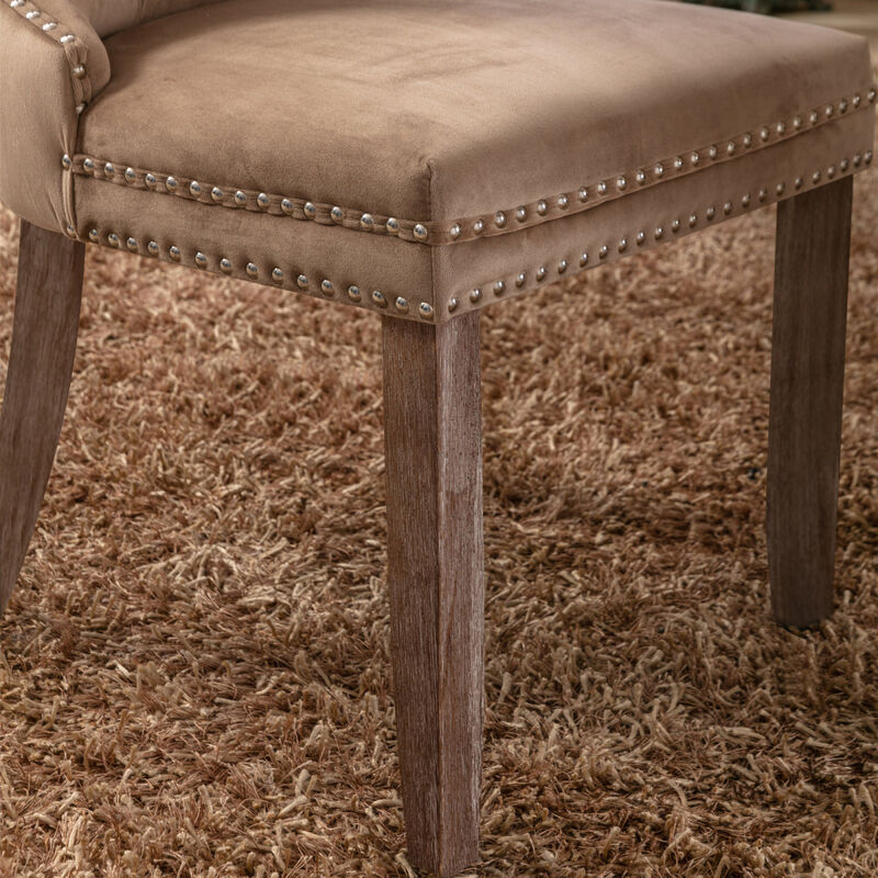 2 Pieces Set, Khaki Velvet Dining Chairs With Wood Legs