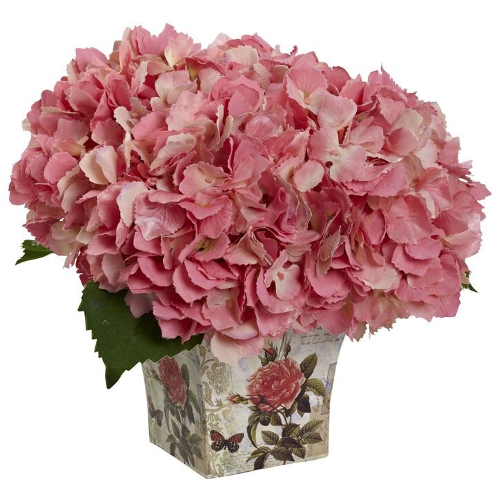 Nearly Natural 9.5-in Hydrangea with Floral Planter Pink