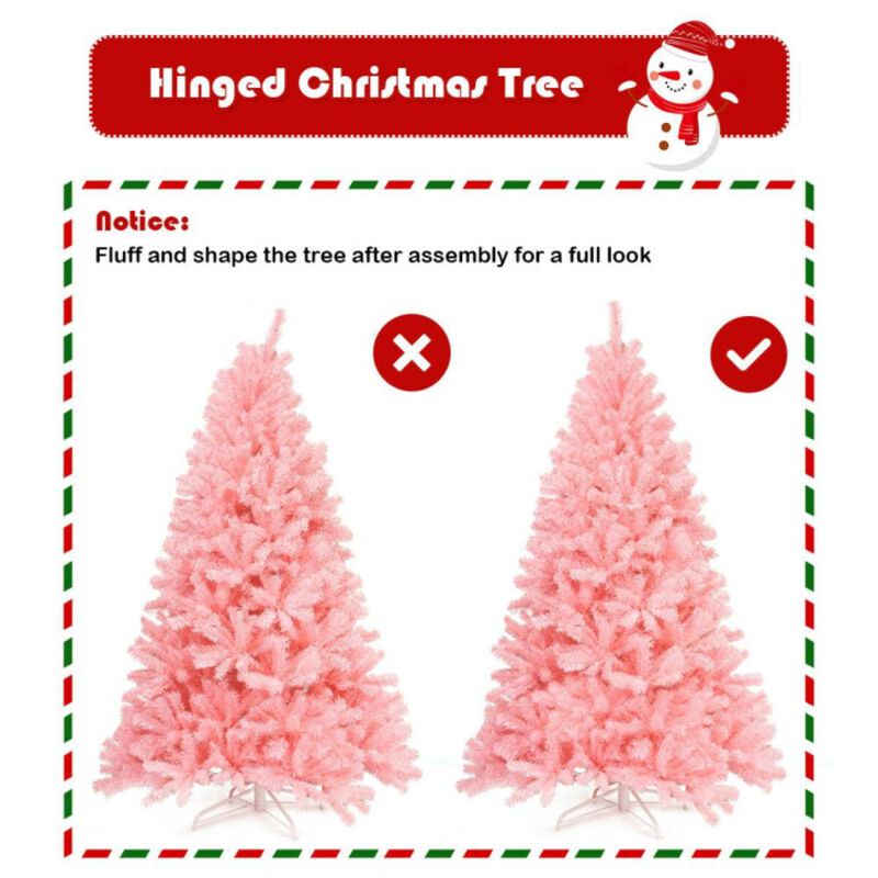 Hivvago 6 Feet Pink Artificial Hinged Spruce Full Christmas Tree with Foldable Metal Stand