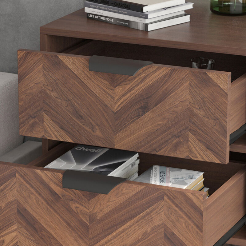 2-Drawer Brown Wood Nightstand With Metal Legs, Side Table Bedside Table 24 in. H x 18.9 in. W x 15.7 in. D