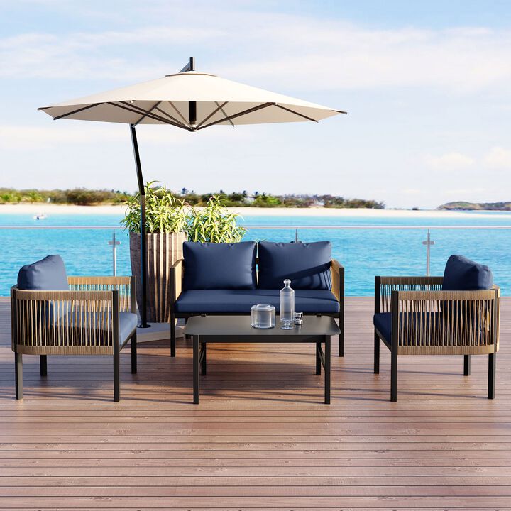 Mondawe Outdoor Garden Patio Sectional Modular Multi-person Sofa Set,W/ Rattan Sofa & Glass Table