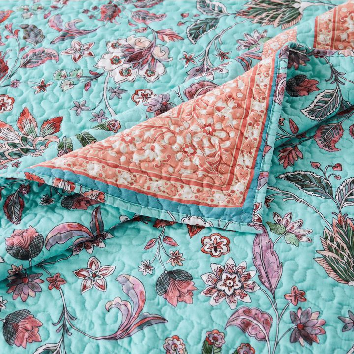 Dill 3pc King Bedspread Set, Turquoise Green Floral Microfiber Cotton