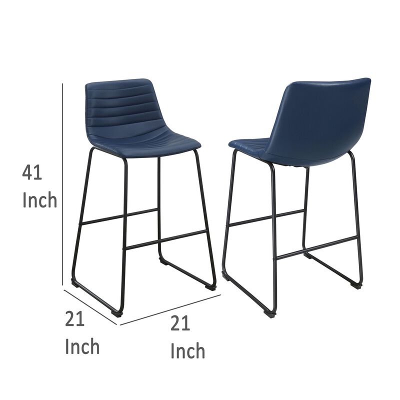 Zuno Bar Height Chair Set of 2, Blue Faux Leather, Black Metal 30 Inch - Benzara