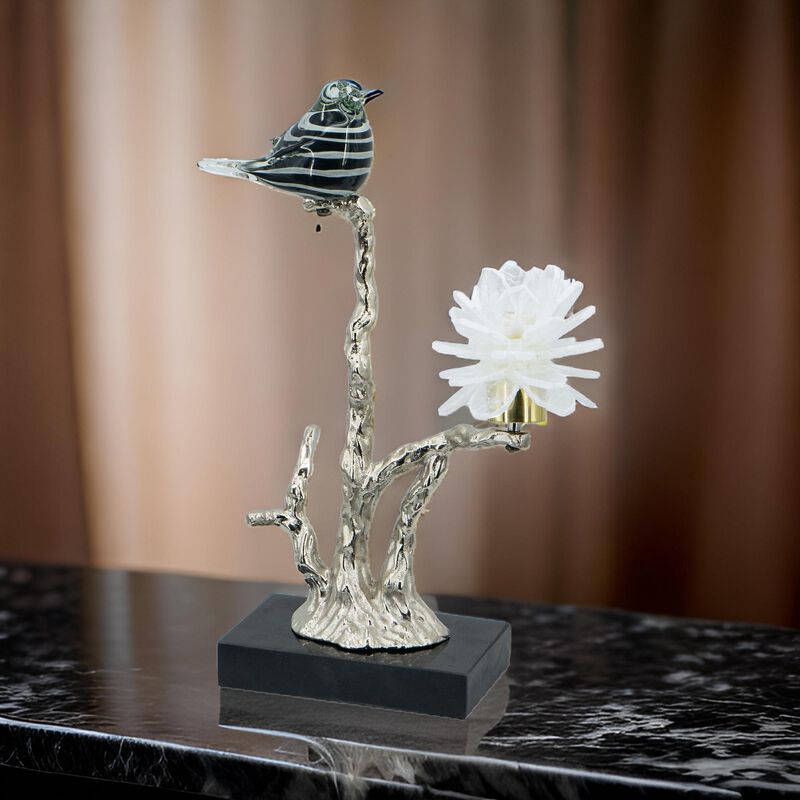 Sue 15 Inch Accent Decor Figurine, Bird on a Branch, Flower, Black, Silver - Benzara