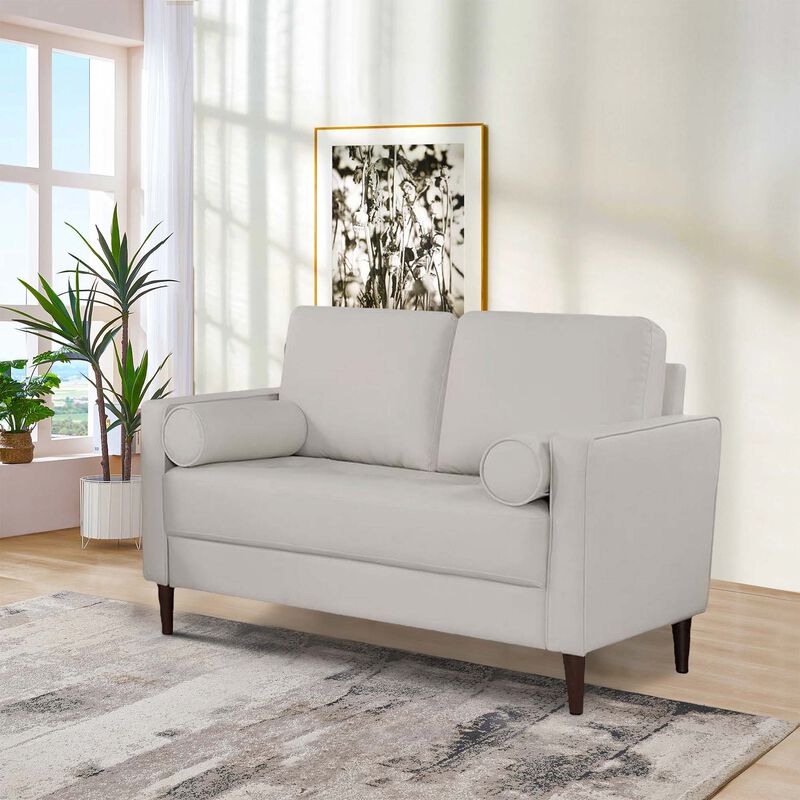 Quzi 52 Inch Loveseat, USB Port, Bolster Pillows, Tapered Legs, Off White - Benzara