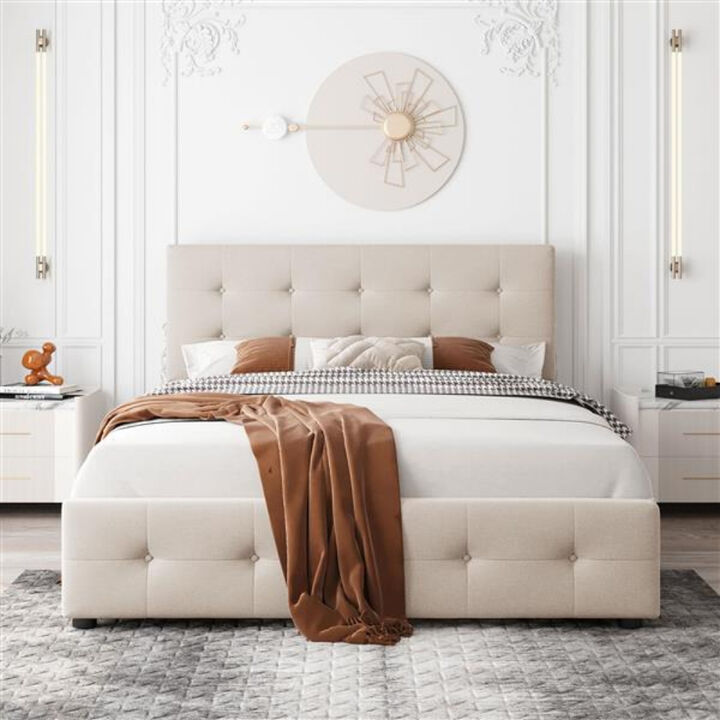 Linen Upholstered Platform Bed with 4 Drawers and Classic Headboard Design