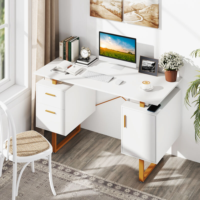 Computer Desk with Floating Desktop Design and Dual Storage Drawers