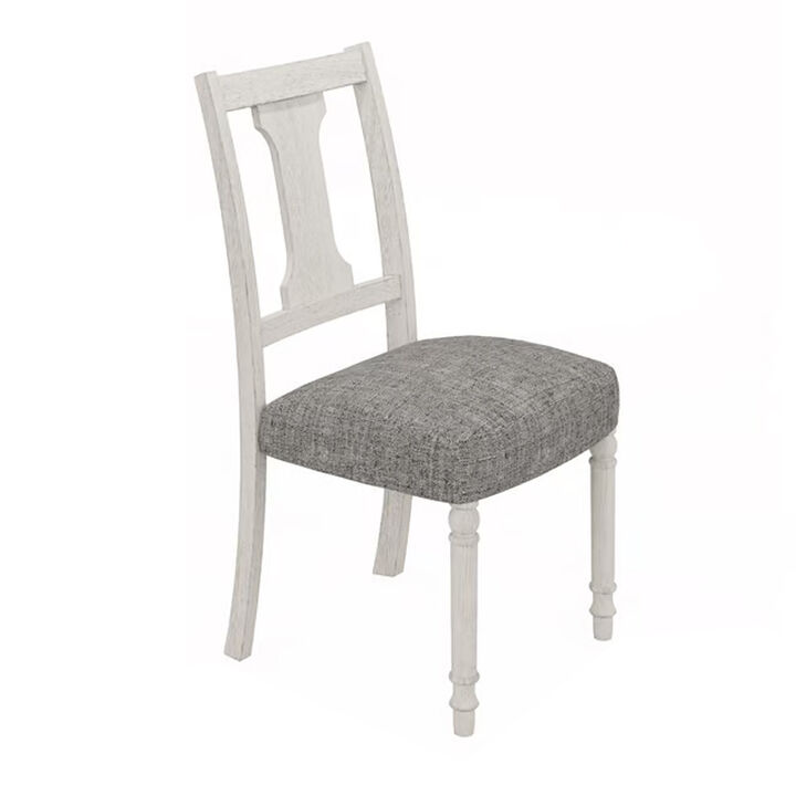 Sane 19 Inch Dining Side Chair Set of 2, Fiddleback, White Wood, Gray Linen - Benzara