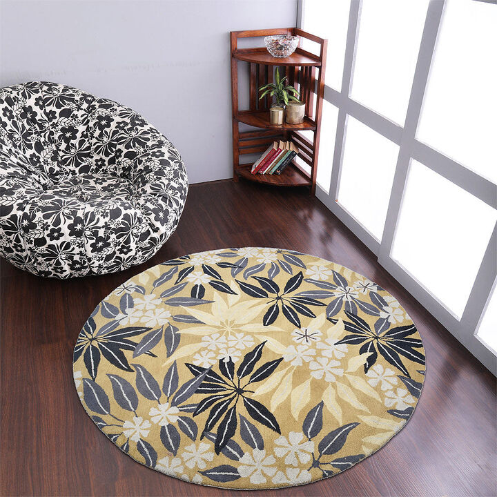 RUGSOTIC CARPETS HAND TUFTED WOOL ECO-FRIENDLY AREA RUGS  - 8'x8', Round Shape, Gold, Floral Modern Design, High Pile Thick Handmade Anti Skid Area Rugs for Living Room, Bed Room (K00651)