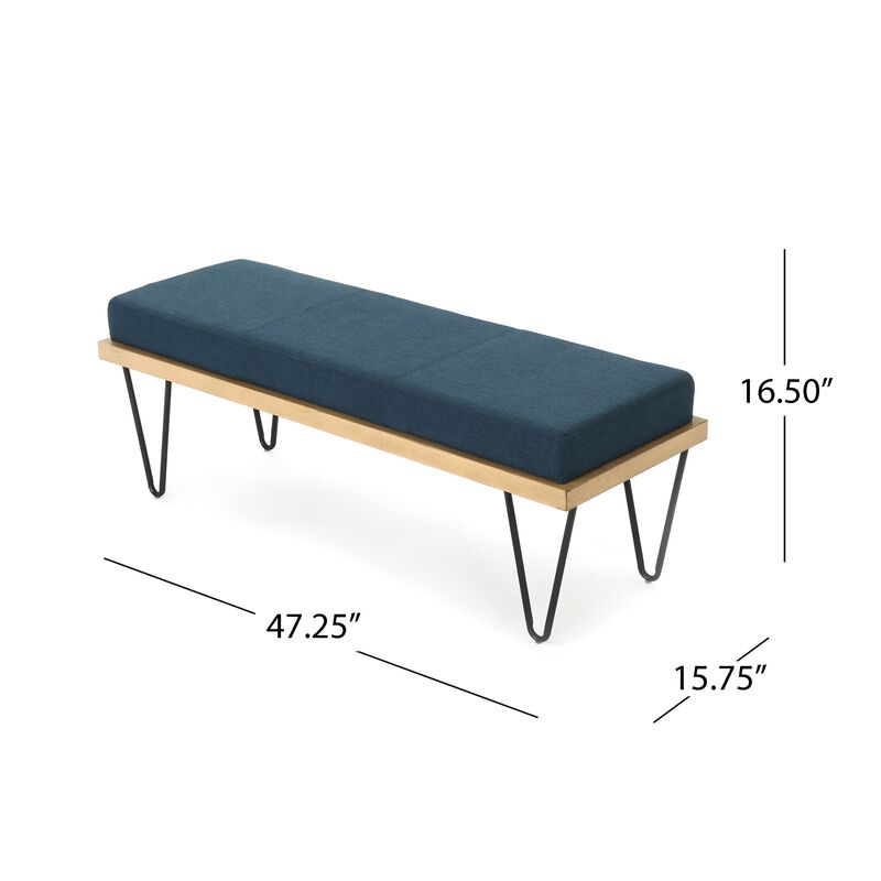 Sinu Accent Bench, Navy Blue, Brown Wood, Black Hairpin Legs, 47 Inch -Benzara