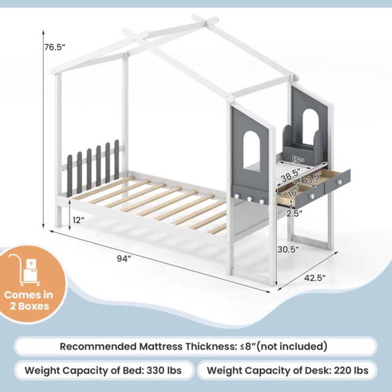 Hivvago Twin/Full Bed Frame with House Roof Canopy and Fence for Kids