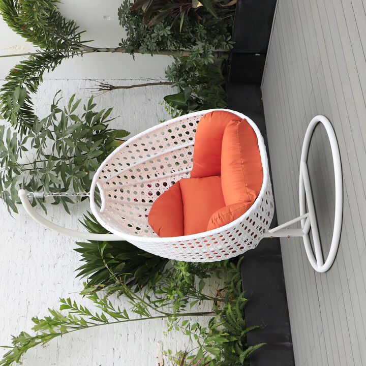LeisureMod White Wicker Hanging Egg Swing Chair - Modern Outdoor Patio Chair for Porch, Balcony & Garden | Comfortable, Stylish, Durable