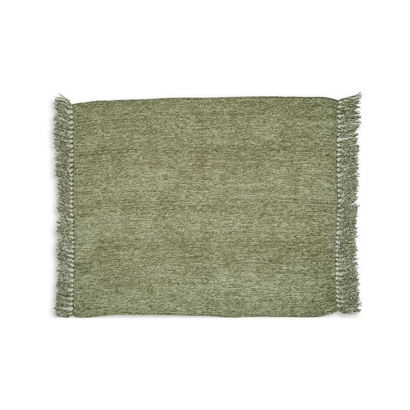 Emily Throw Blanket Set of 3, Textured Woven Knotted Fringe Green Polyester - Benzara