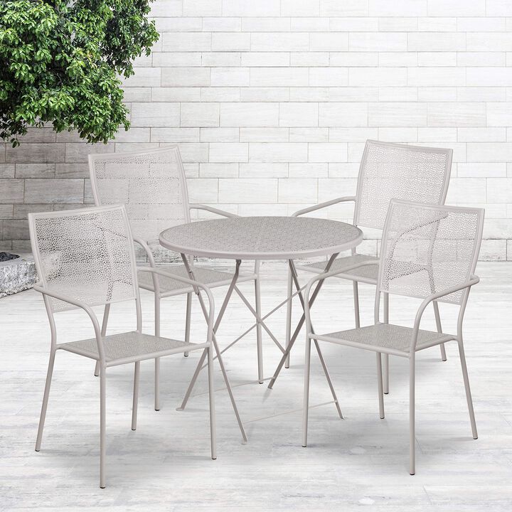 Flash Furniture Oia Commercial Grade 30" Round Light Gray Indoor-Outdoor Steel Folding Patio Table Set with 4 Square Back Chairs