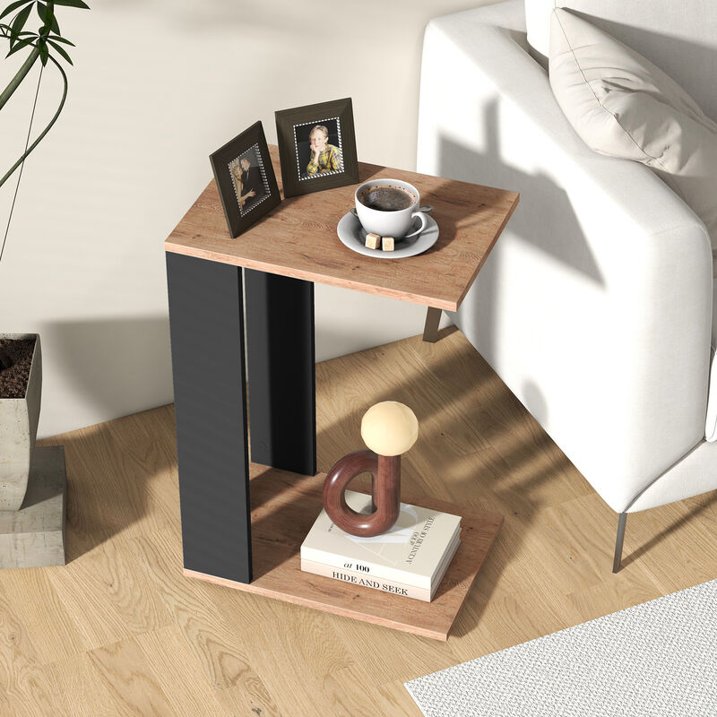Mobile 2-Tier C-Shaped Side Table with Storage Shelf and Rolling Wheels