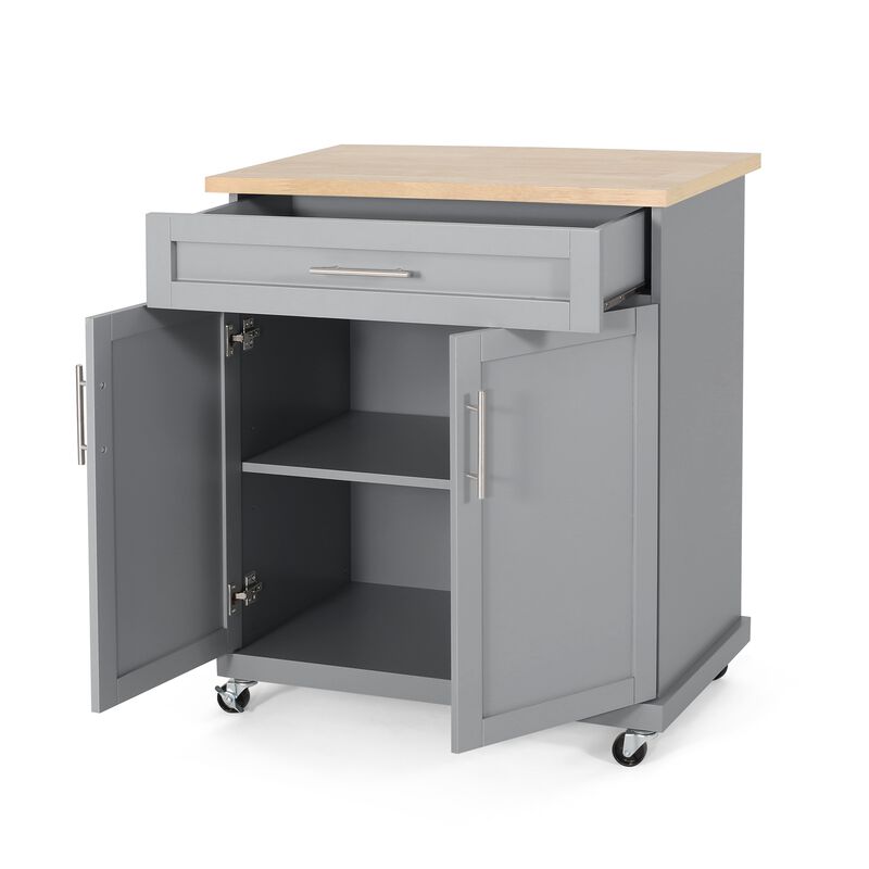 Shine Rolling Kitchen Island Bar Cart, 2 Doors, Gray, Natural Brown - Benzara