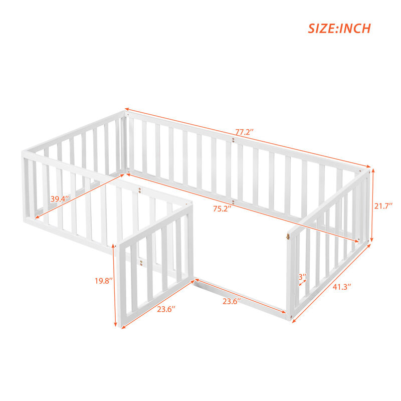 Twin Size Wood Floor Bed Frame With Fence And Door
