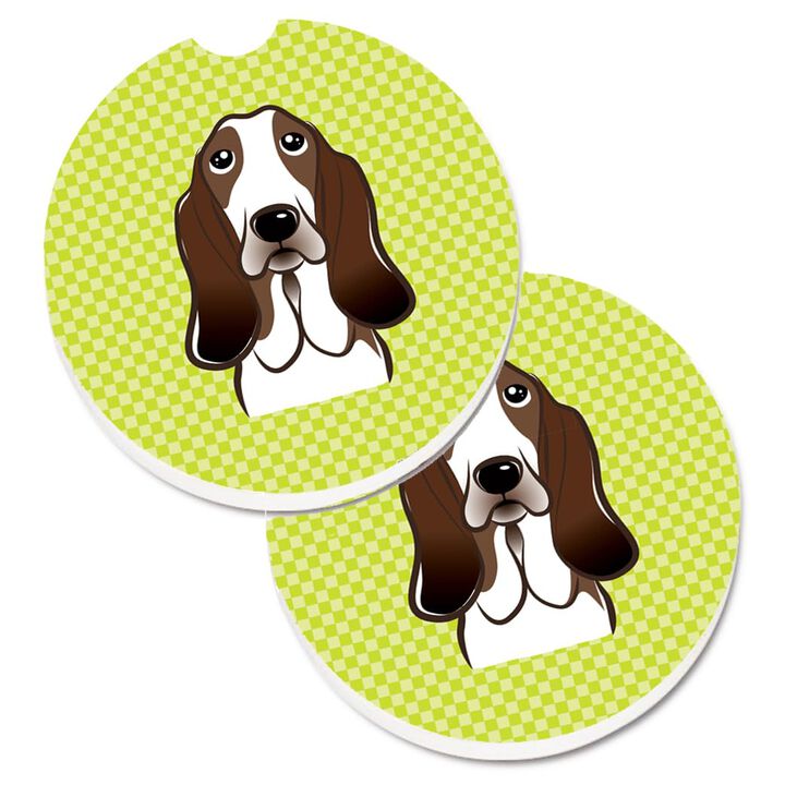 Caroline's Treasures Checkerboard Lime green Basset Hound Set of 2 Cup Holder Car Coasters BB1305CARC, 2.56, Multicolor