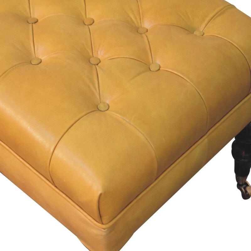 Artisan Furniture Solid Wood Honey Caramel Buffalo Ash Black Leather Ottoman with Castor Legs