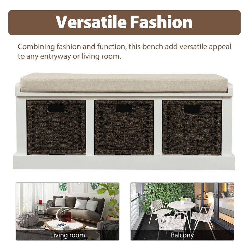 Rustic Storage Bench With 3 Removable Classic Rattan Basket, Entryway Bench