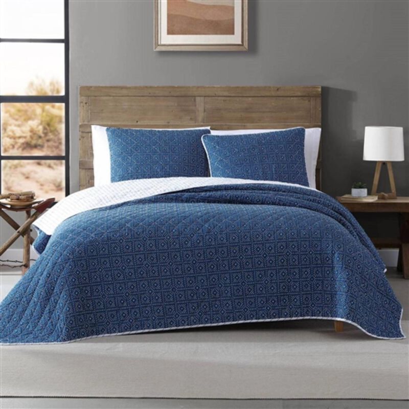Full Queen Blue White Dots and Stripes 100 Percent Cotton Reversible Quilt Set