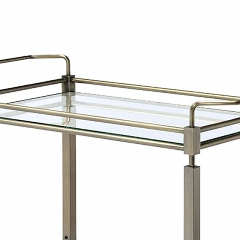 Two Tiered Metal Serving Cart with Glass Shelves and Side Rails, Antique Gold-Benzara