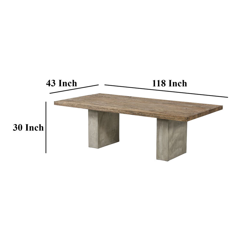 Cid Ari Dining Table, Concrete Base 118 Inch Rectangular Brown Oak Top - Benzara