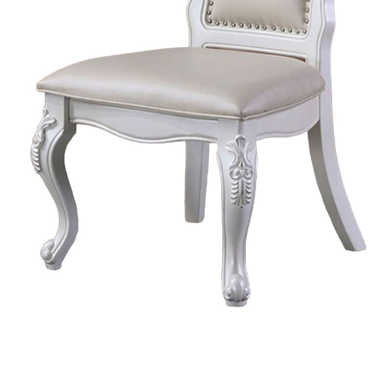 Zenie Dining Side Chair Set of 2, Carved Cabriole, Faux Leather, White Wood