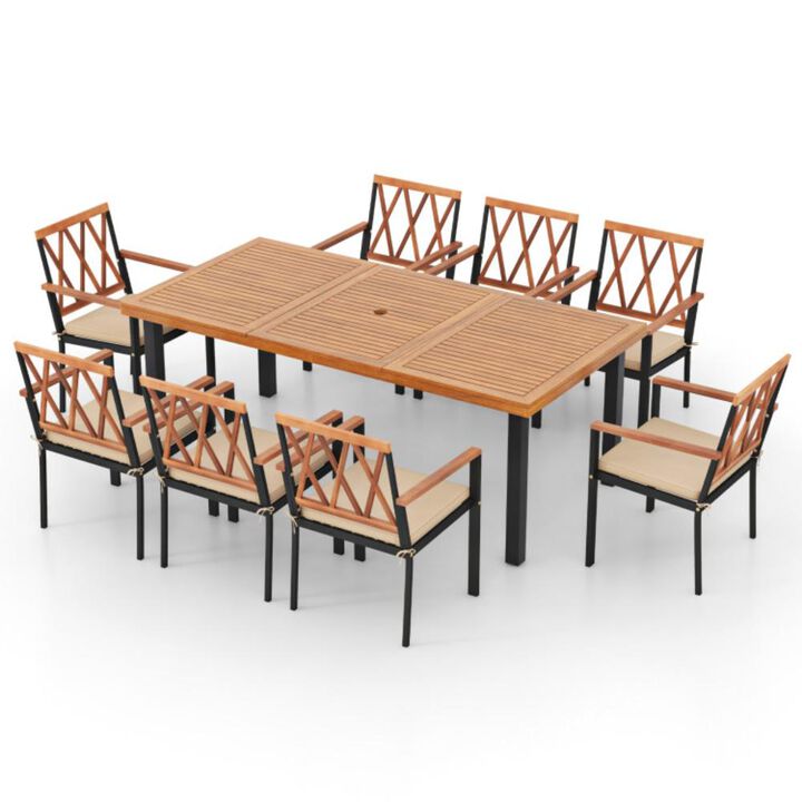Hivvago 9 Pieces Patio Dining Set 39.5 Inch Acacia Wood Table with Umbrella Hole and 22.5-Inch Wide Chairs