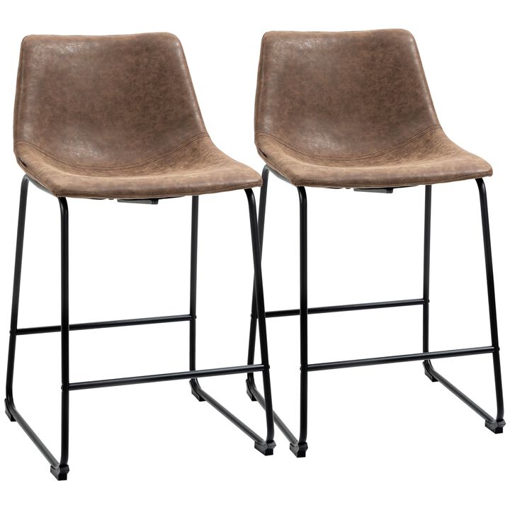 Brown Bar Seating: Set of 2 Vintage PU Leather Counter Height Stools