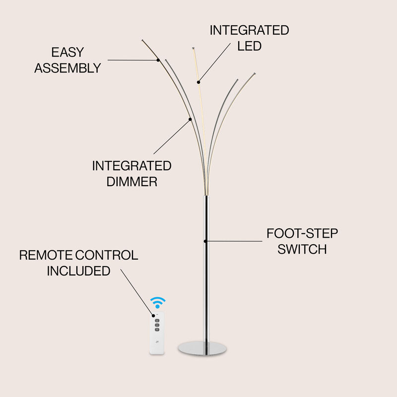 Fuochi Modern Minimalist Metal 5-Branch Arc Dimmable Integrated LED Floor Lamp with Remote Control
