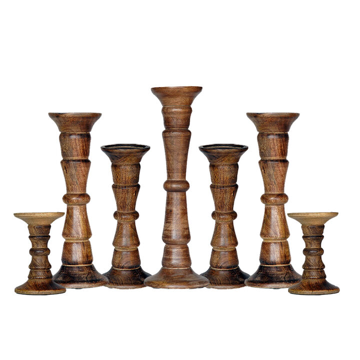 BBH Homes Traditional Medium Burnt Eco-friendly Handmade Mango Wood Set Of Seven 6",9",12",15",12",9" & 6" Pillar Candle Holder
