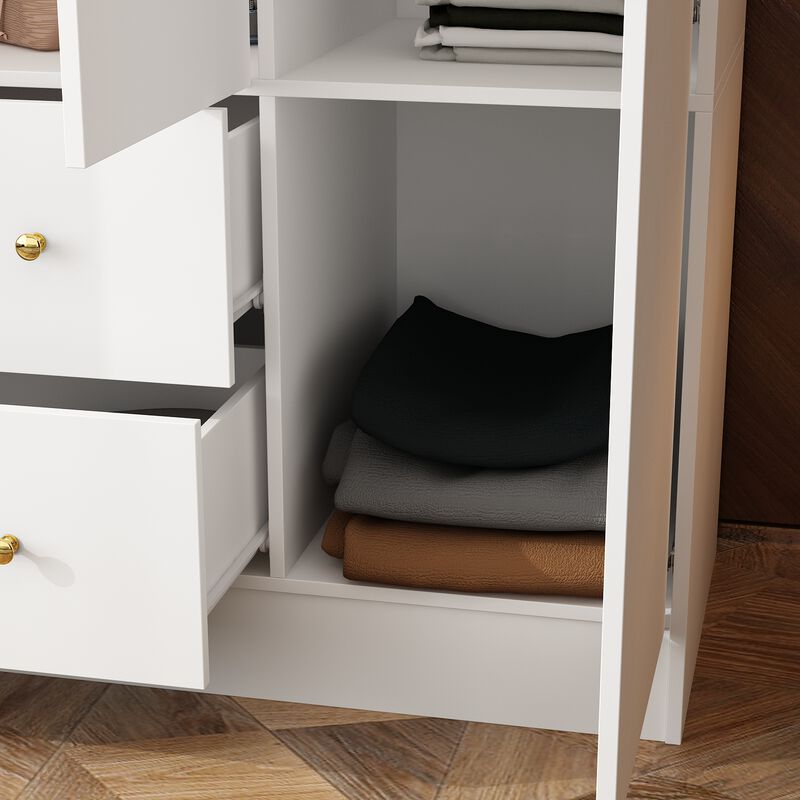 FUFU&GAGA Four-Door Wardrobe with Mirror, Top Cabinet, and Drawers (63" W x 19.7" D x 94.5" H),White