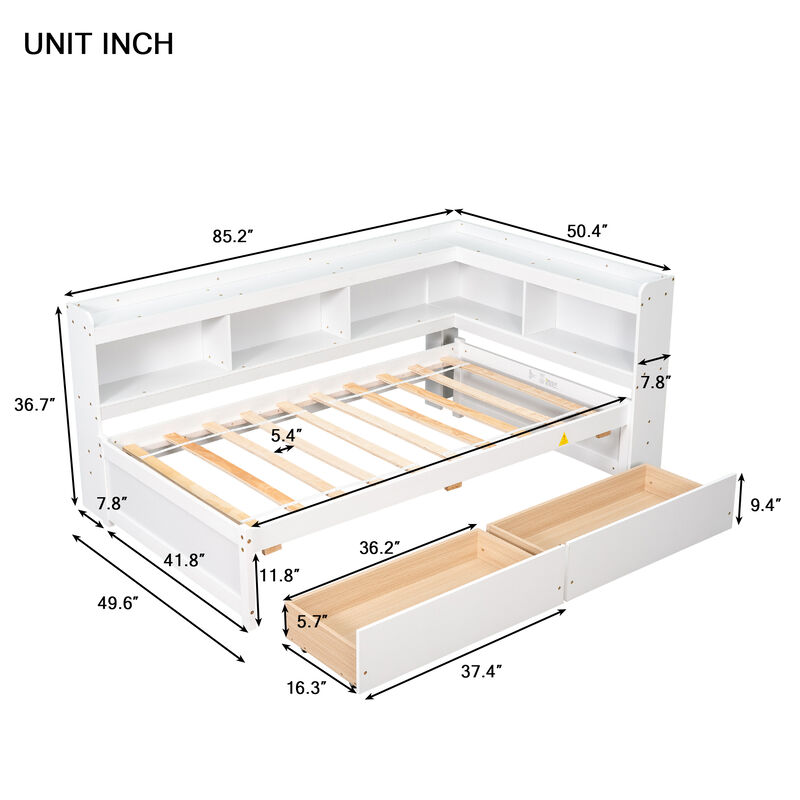 Bed with L-shaped Bookcases, Drawers
