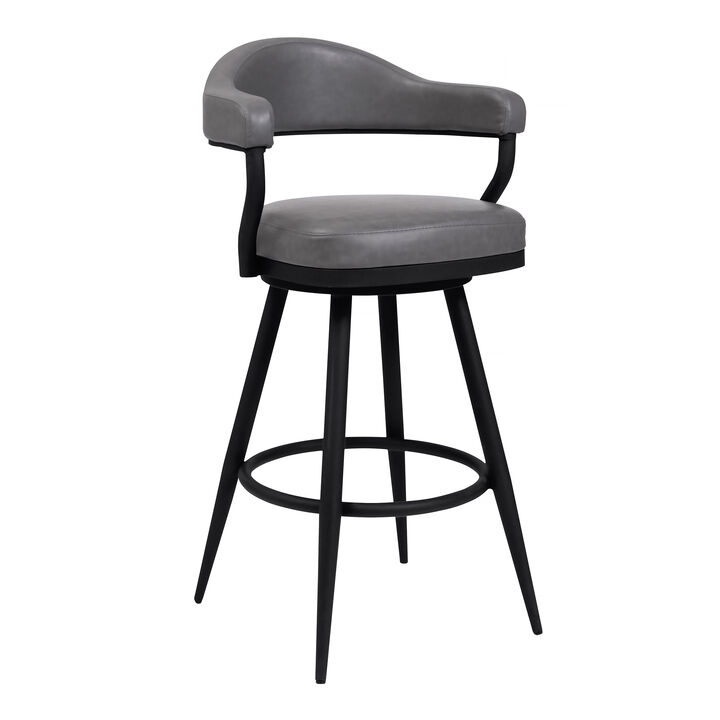 30 Inch Vegan Faux Leather Metal Bar Stool, Gray and Silver-Benzara