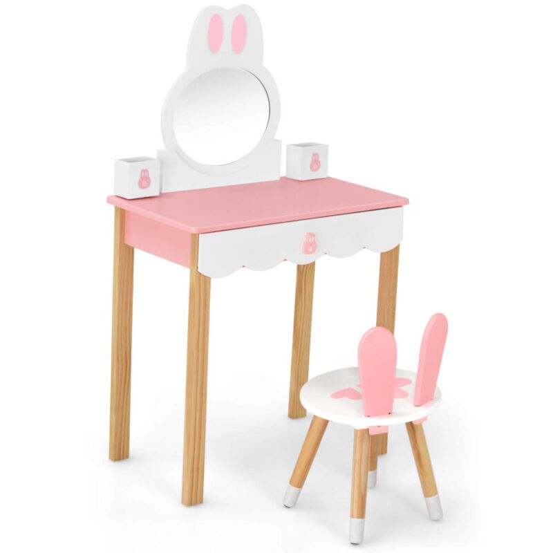 Hivvago Kids Vanity Set Rabbit Makeup Dressing Table Chair Set with Mirror and Drawer