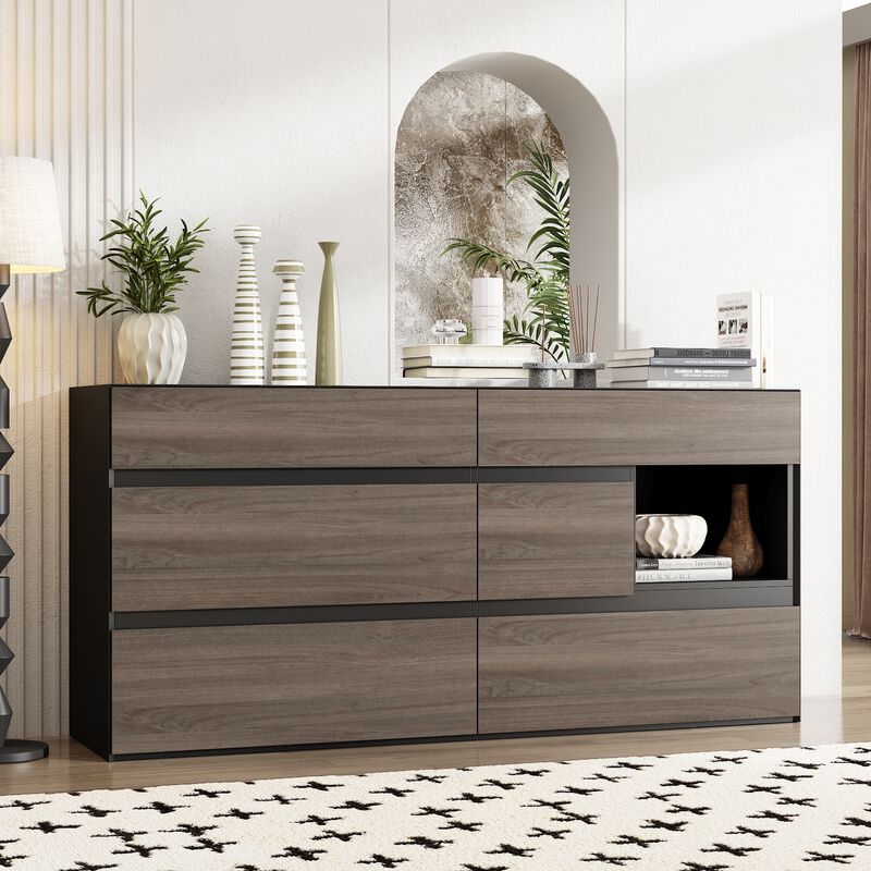 FUFU&GAGA Modern 6-Drawer Sideboard with Open Storage, Black and Rustic Wood Finish (63" W x 15.9" D x 30" H),Brown