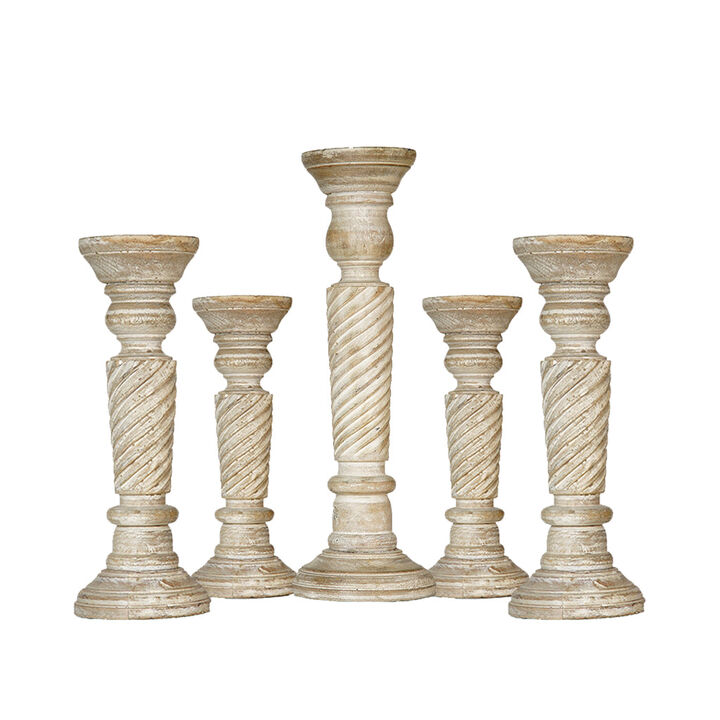 Traditional Antique White Eco-friendly Handmade Mango Wood Set Of Five 9",12",15",12" & 9" Pillar Candle Holder BBH Homes