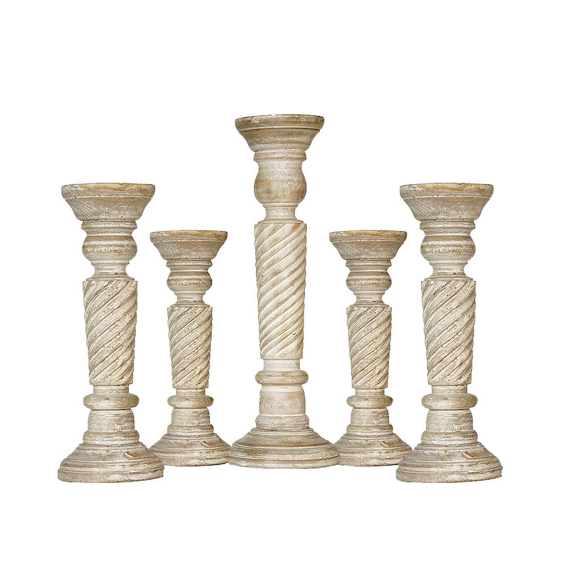 Traditional Antique White Eco-friendly Handmade Mango Wood Set Of Five 9",12",15",12" & 9" Pillar Candle Holder BBH Homes