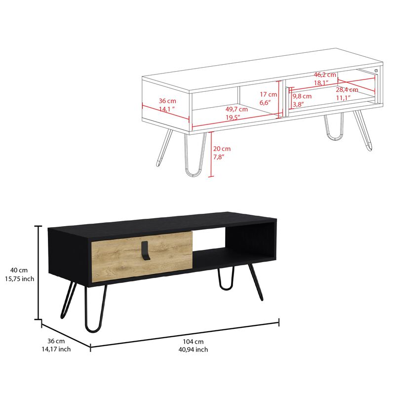 Huna Coffee Table with Hairpin Legs and Ample Storage Drawer-Black / Macadamia