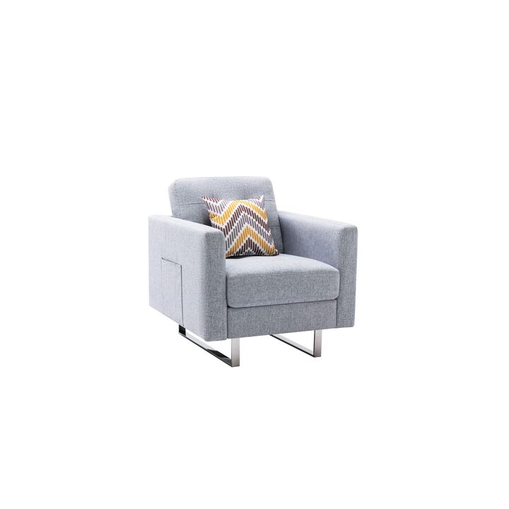 Victoria Light Gray Linen Fabric Armchair with Metal Legs, Side Pockets, and Pillow