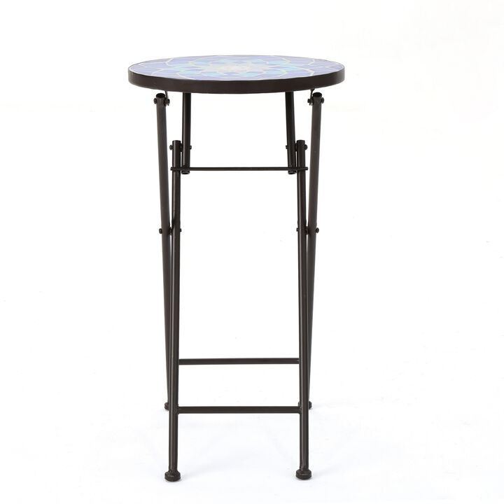 Silia Outdoor End Table, Round 13 Inch, Blue and White Ceramic Tile - Benzara