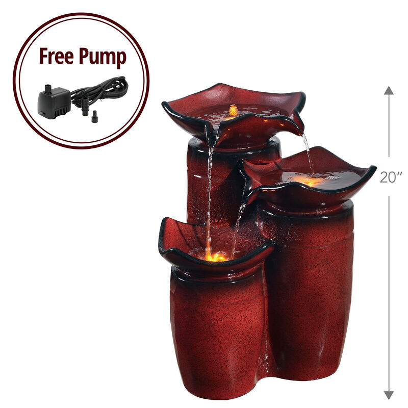 Teamson Home Outdoor 3-Tier Glazed Pot Floor Fountain with LED Lights, Red