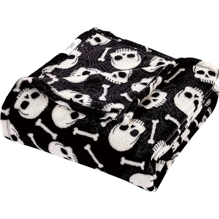 Plazatex Skull Bones Micro Plush Decorative Halloween Throw Blanket  50" X 60" Black And White