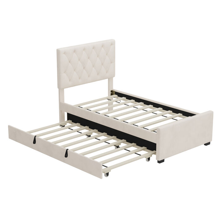 Merax Velvet Upholstered Platform Bed with Button Tufted Headboard